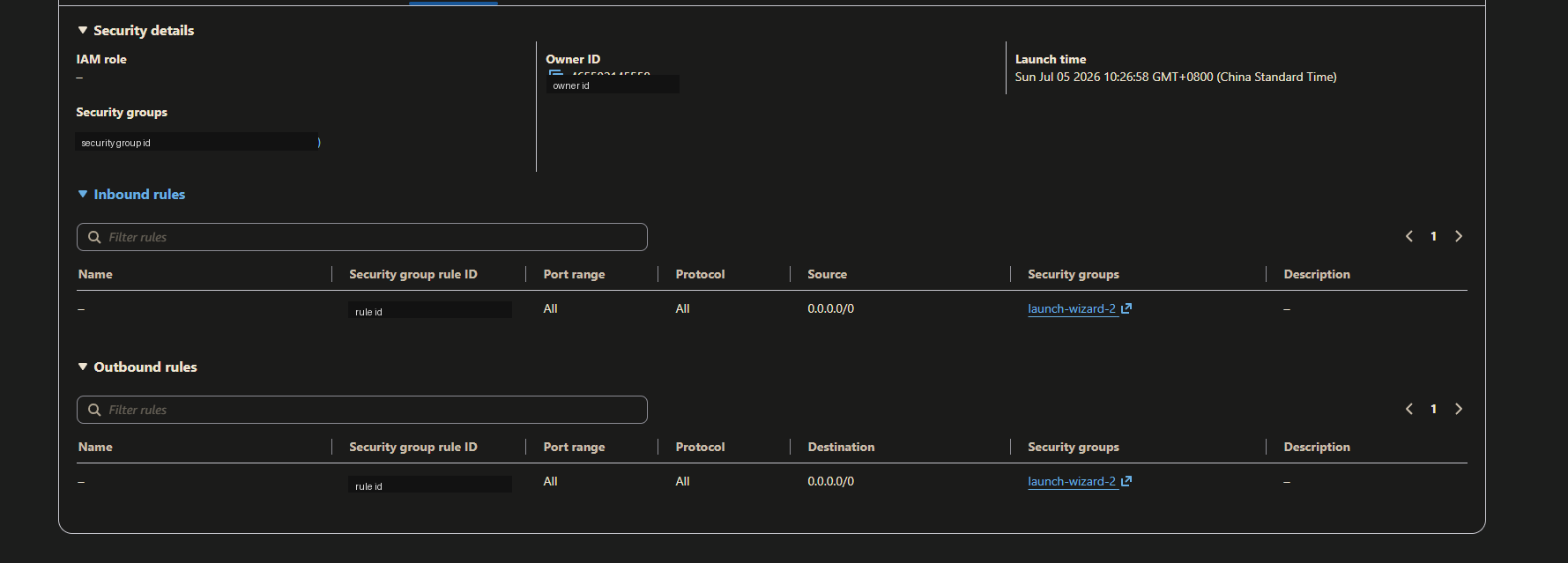 AWS Security Group 入站出站规则,账号和规则 ID 已打码