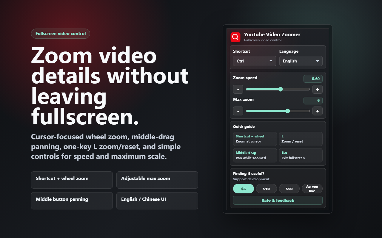 YouTube Video Zoomer settings panel